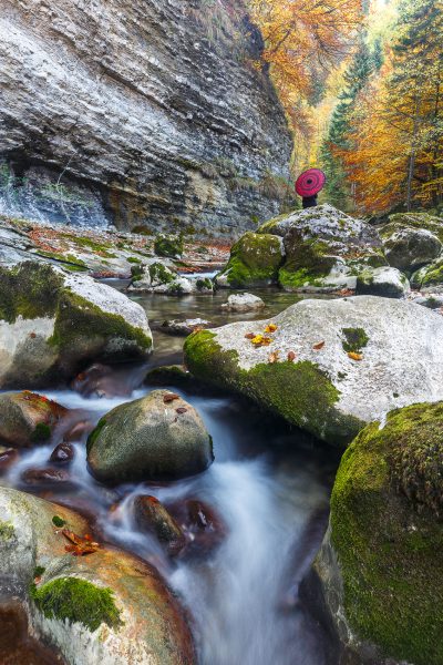 Chartreuse, Alps, red umbrella, Guiers Mort