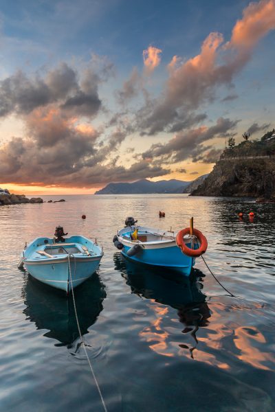 Cinque Terre, Italie, Ligurie, Manarola, barques, coucher du soleil
