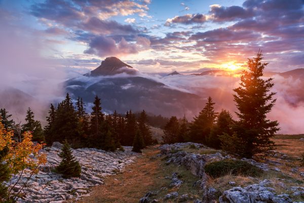 Alps, Isère, Chartreuse, Pravouta, coucher de soleil sur Chamechaude