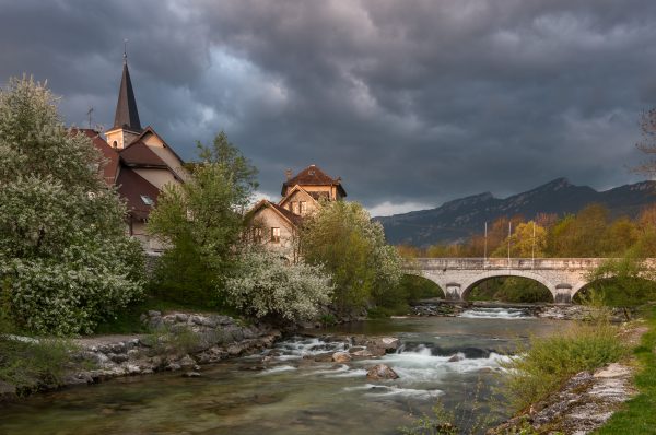 Alps, Isère, Chartreuse, clocher des Echelles, sous l'orage