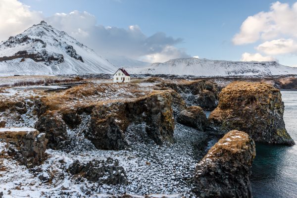 Islande, Péninsule de Snæfellsnes, Iceland, winter, Stapafell and Anarstapi