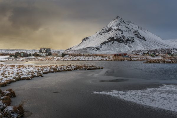 Islande, Péninsule de Snæfellsnes, Iceland, winter, Stapafell and Anarstapi