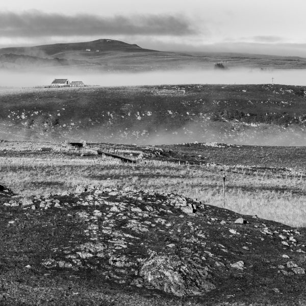 Aubrac, noir et blanc, paysage, buron, Lozère, Aveyron, Cantal