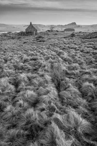 Aubrac, noir et blanc, paysage, buron, Lozère, Aveyron, Cantal