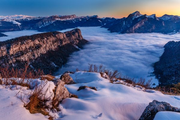 coucher de soleil de la pointe de la Cochette, Savoie, Isère, pendant un stage photo Chartreuse en hiver